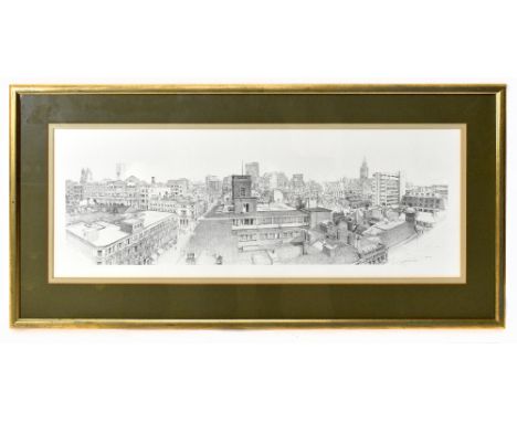 WILLIAM GELDART (born 1936); limited edition black and white print, rooftop panoramic view of Manchester, signed, 276/500, 31