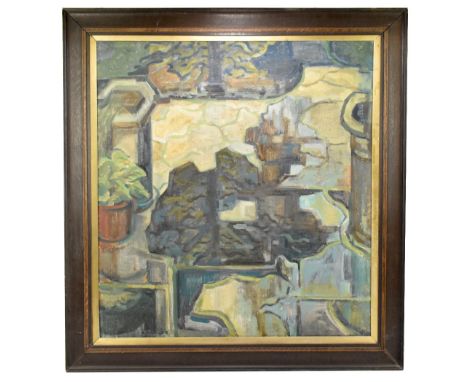 NORMAN C JACQUES (1922-2014); oil on canvas, 'Garden Path Puddles', 76 x 69cm, framed. (D)Additional InformationCanvas is sli