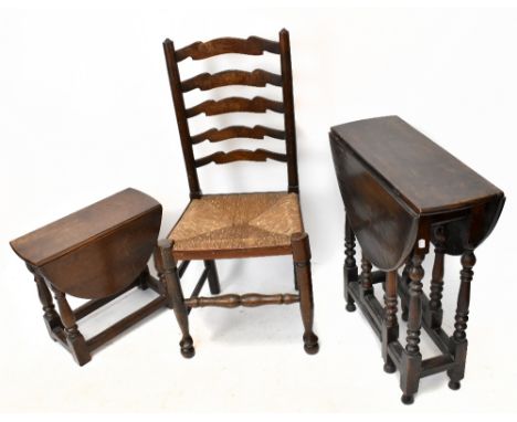 A small 18th century style oak gateleg table, on turned legs, height 71cm, depth 63cm, a smaller oak gateleg table and a ladd