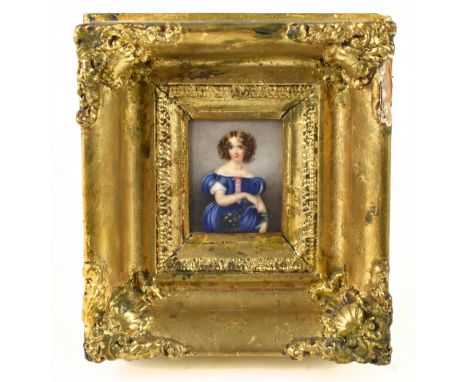 19TH CENTURY ENGLISH SCHOOL; watercolour on ivory, portrait of a young girl in a blue dress, size 8 x 6.5cm, in gilt wood and