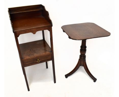 A George III oak occasional table, with rounded rectangular top on tripod base, height 67cm, width 50cm, depth 46cm, with a G