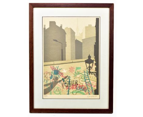 CONTINENTAL SCHOOL; limited edition colour print, view in Berlin with Berlin Wall and the Berliner, indistinctly signed lower