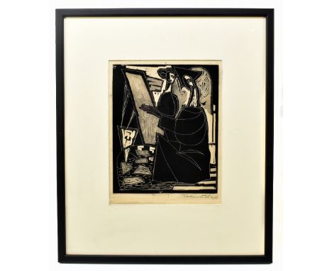 TADEUSZ WAS (Polish, 1912-2005); pencil signed linocut, 'Two Figures', 24 x 19cm, framed and glazed. (D)Additional Informatio