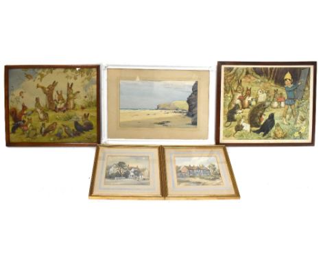 H.V. SIMMONS; watercolour, beach scene, signed lower left, 29 x 46cm, framed and glazed, also a pair of watercolours by Ashwo
