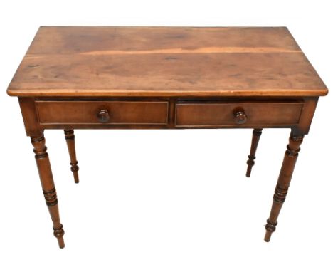 A Victorian mahogany two drawer side table, on turned legs, height 77cm, width 93cm, depth 46cm.Additional InformationTop wit