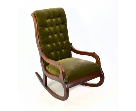 A Victorian mahogany rocking chair, with button back green upholstery, height 91cm.Additional InformationTired in appearance,
