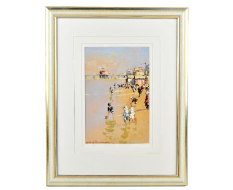 BERNARD MCDONALD (born 1944); watercolour, children playing in a beach scene, signed lower left, 29 x 19.5cm, framed. (D)Addi