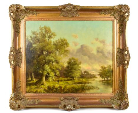 STEPHAN DE HAAN (Dutch); oil on canvas, landscape with figures beside a river, signed lower right, 50 x 60cm, framed. (D)Addi