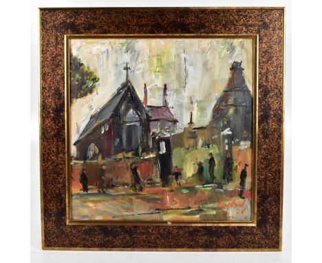 FREDERICK JOHN ENGLAND (born 1939); acrylic on board, 'Cemetery View, Old Burslem', signed and dated 21, 45 x 45cm, framed.Th