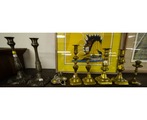 PAIR OF ART NOUVEAU CANDLESTICKS, 4 BRASS CANDLESTICKS, SINGLE CANDLESTICK + EGG STAND