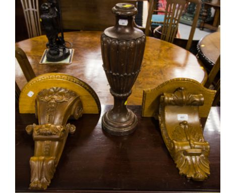 2 CARVED CORBELS + WOODEN TABLE LAMP