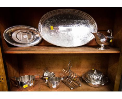 SILVER PLATED MUFFIN DISH, OVAL GALLERY TRAY, SAUCE BOAT, TOAST RACK, SUGAR HELMET, JUG + BOWL