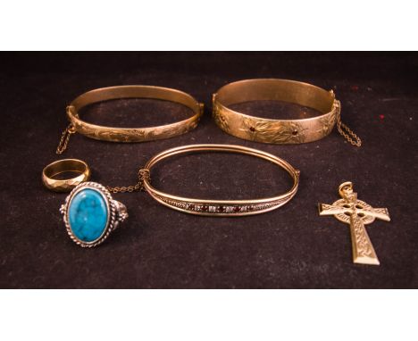 3 GOLD PLATED BANGLES, RING, CELTIC CROSS + RING