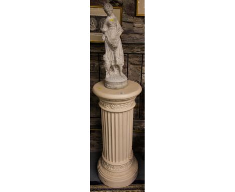 ROUND PLASTER PEDESTAL + LADY WITH LAMP FIGURE