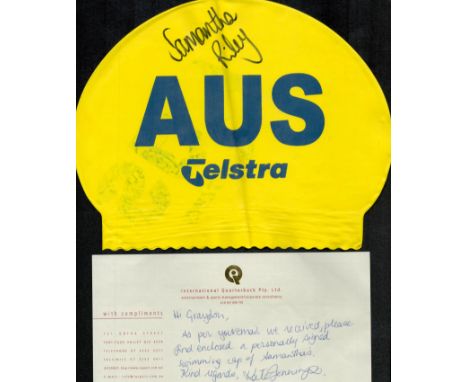 Samantha Riley signed Yellow Silicone Swimming Cap. Is an Australian former competitive swimmer. She is of Aboriginal descent