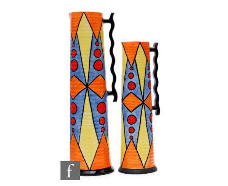 Two Lorna Bailey jugs in the Aztec pattern, each of slender ribbed form, limited edition 128 of 200 and 175 of 200, each sign