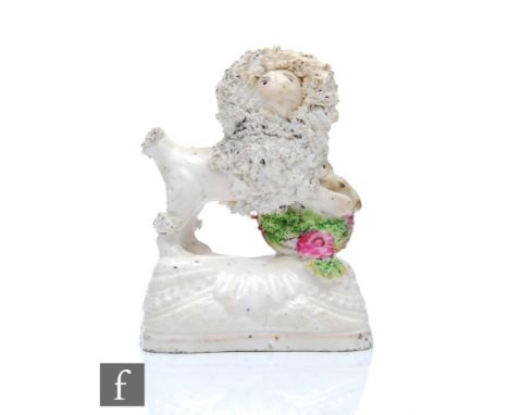 A small 19th Century Staffordshire model of a dog standing on a floral basket, with encrusted hair, tail and feet, all to a d