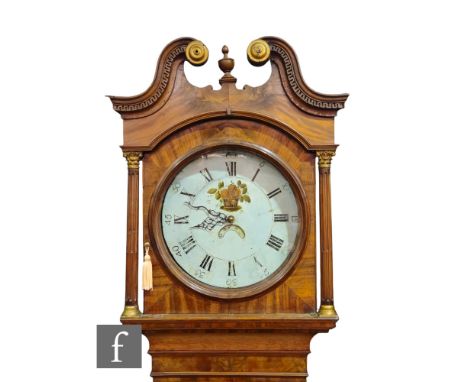 A 19th Century oak and mahogany crossbanded longcase clock, circular painted dial with basket of fruit detail, with thirty ho