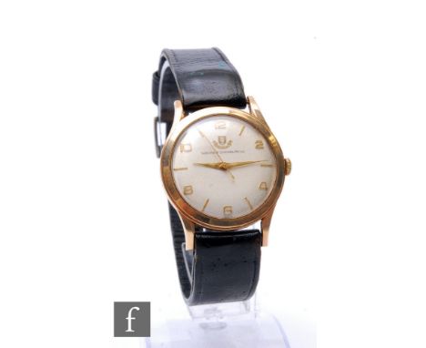 A gentleman's 9ct Watches of Switzerland manual wind wrist watch, Arabic numerals and batons mix to a circular silvered dial,