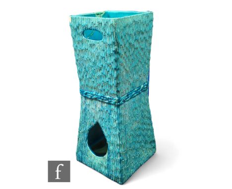 A Burmantofts Faience turquoise glaze stick stand, of square sectional form, shape 949, moulded to the exterior with bamboo s