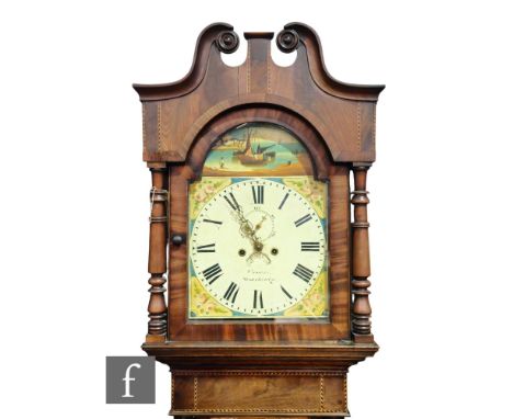 A mid 19th Century oak and mahogany crossbanded longcase clock, the painted arch dial by Cassera Stourbridge with fishing boa