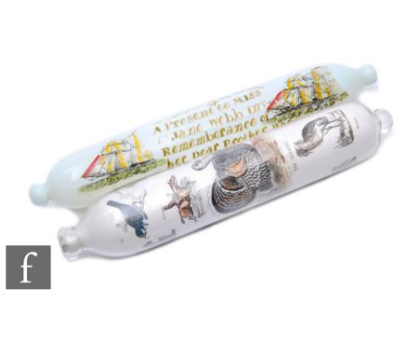 A 19th Century glass rolling pin decorated with hand painted enamel ships flanking inscription and dated 1857, all over an op