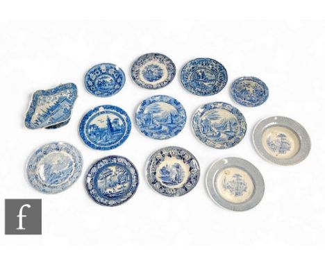 An assorted collection of 19th Century blue and white transfer printed plates and dishes, makers and pattern to include Leeds