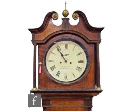 A mid 19th Century oak longcase clock by G Roche, Kidderminster, the circular painted dial with seconds subsidiary dial and e