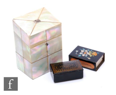 A 19th Century mother of pearl card case, the hinged top concealing a blue liner, a papier mache snuff box and a floral match