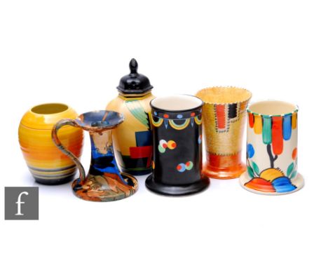 A collection of assorted 1930s vases, to include two Crown Devon cylinder vases with hand painted decoration, a Shelley Harmo