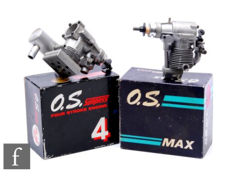 An unused Japanese O.S Max SF 4D four stroke model aircraft engine and a F S Surpass 48 engine with instructions, both boxed.