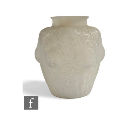 A large Rene Lalique vase in the Domremy pattern with relief moulded dandelions in a deep opalescent finish, model 979, desig