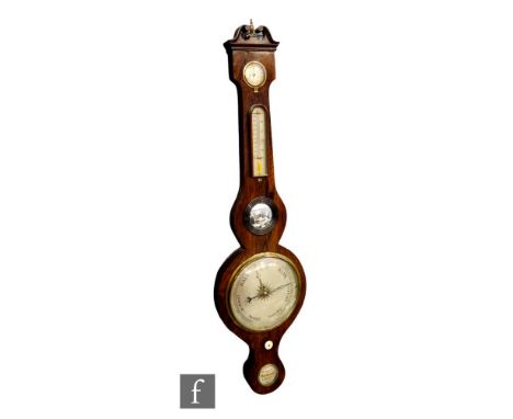 A 19th Century rosewood wheel barometer marked Giobbio Lampeter, incorporating dry/damp dial, thermometer and spirit level, h