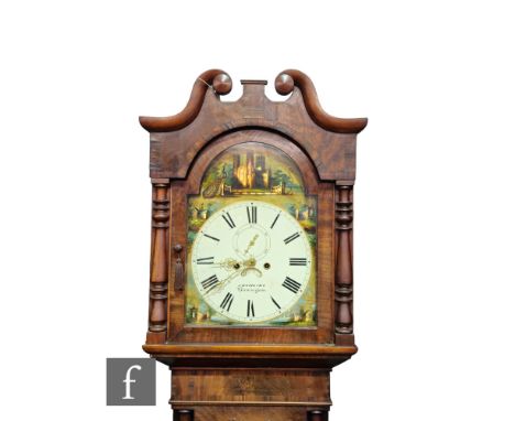 A mid 19th Century crossbanded mahogany longcase clock by J Dowling, Birmingham, painted arch dial with cathedral scene and p