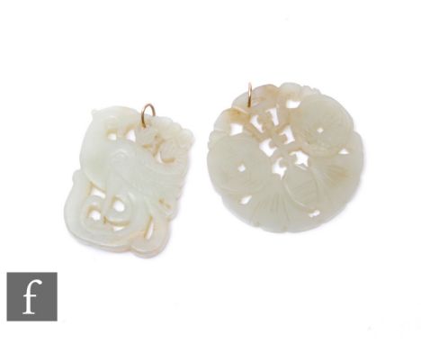 Two carved jade pendants, a circular and a cushioned rectangular example. (2) 