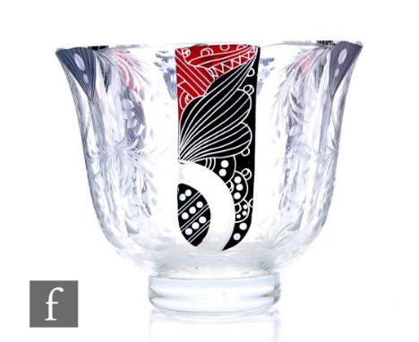 A Bohemian Art Deco glass vase by Karel Palda, circa 1920, of footed flared form with faceted panels cut with floral sprays b