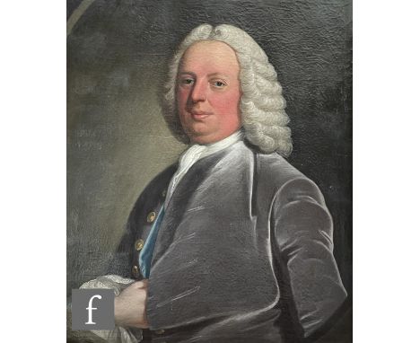 FOLLOWER OF THOMAS HUDSON (1701-1779) - Portrait of a gentleman wearing a curled wig, grey coat and stock, half length, oil o