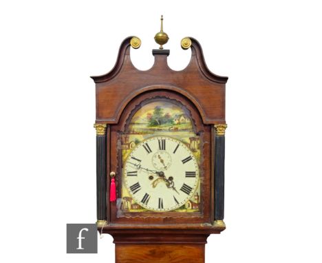 A 19th Century mahogany longcase clock, eight day striking movement with seconds and date aperture, the arch painted with a c