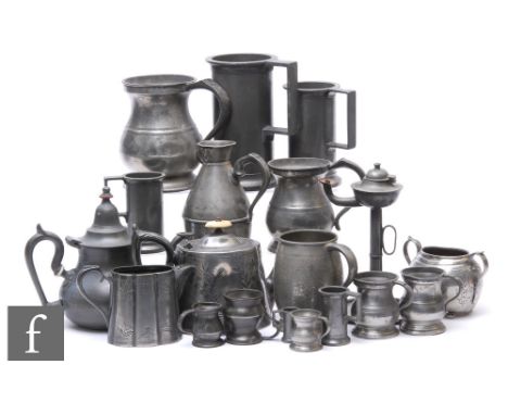 A collection of 19th and 20th Century pewter tavern mugs, gill measures, a chamber stick etc. (qty) 