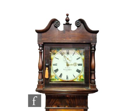 A 19th Century oak and mahogany longcase clock by R Roche Knighton, thirty hour striking movement, painted dial with subsidia