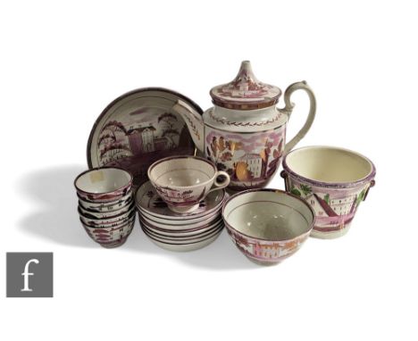 A quantity of mid 19th Century Sunderland lustre wares to comprise coffee pot, large shallow dish, planter, slop bowl and a c