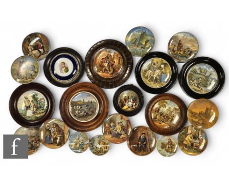 A collection of 19th Century coloured Prattware potlids to include Fishing in Pegwell Bay, Hide and Seek, Uncle Toby, The Vil