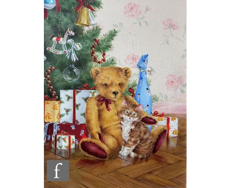 LESLEY HOWELL (CONTEMPORARY) - Teddy bear and kitten, oil on canvas, signed,&nbsp;framed, 41cm x 30cm, frame size 53cm x 42cm