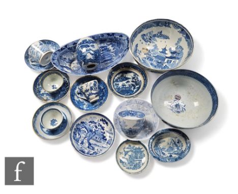A collection of 19th Century blue and white transfer printed wares, including teacups, bowls, dishes etc, factories include S
