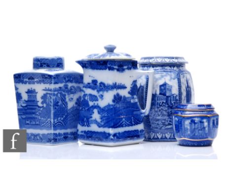 Four 20th Century Ringtons items, to include two large tea caddies, of hexagonal and square section, blue and white transfer 