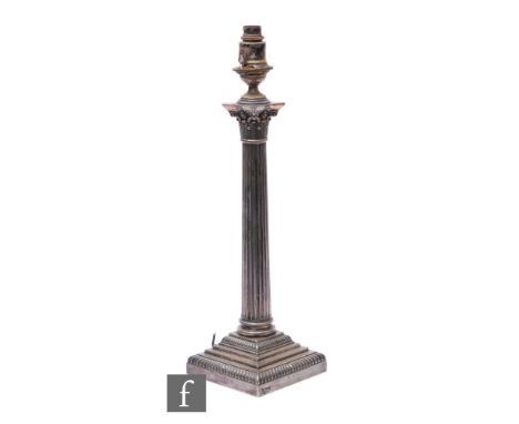 A hallmarked silver Corinthian column candlestick, later converted to a lamp, height 48cm, presentation engraving to base, Sh