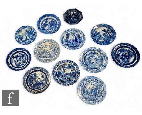 A collection of late 18th and early 19th Century blue and white transfer printed plates/dishes, factories include Spode and D