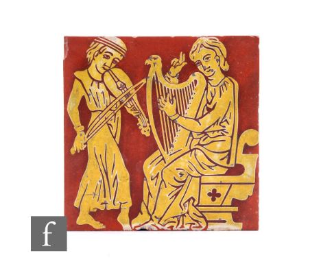A 19th Century Minton &amp; Co Neo-Medieval Old English encaustic tile, depicting figures playing a lyre and a harp, 16cm squ