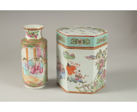 A CHINESE CANTON PORCELAIN VASE AND HEXAGONAL PORCELAIN TEA CADDY, (2).