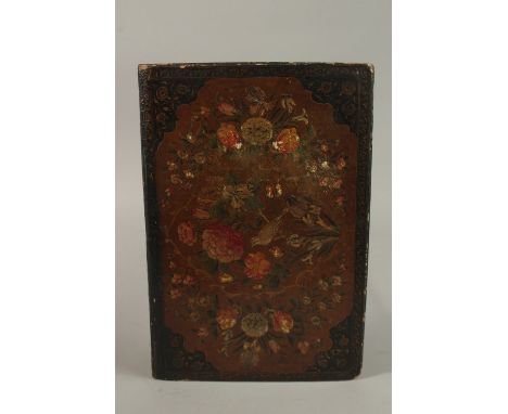 A LARGE 19TH CENTURY PERSIAN QAJAR LACQUERED BOOK COVER, 33cm x 22cm.